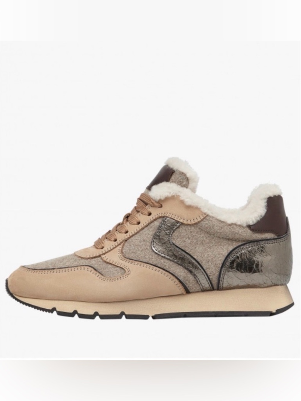NWT VOILE BLANCHE JULIA Fur Leather And Fabric Sneakers in Beige